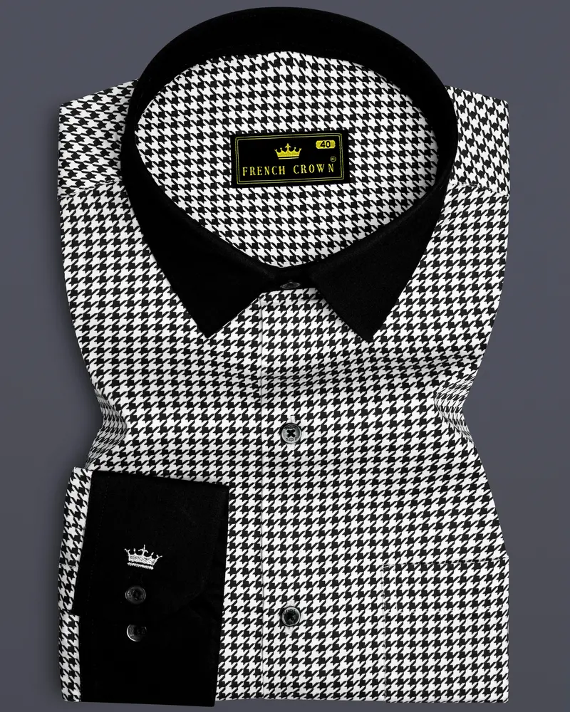 Regalis-Jade Black And Bright White Houndstooth Printed Super Soft Premium Cotton Dress Black Cuff Collar Shirt 1