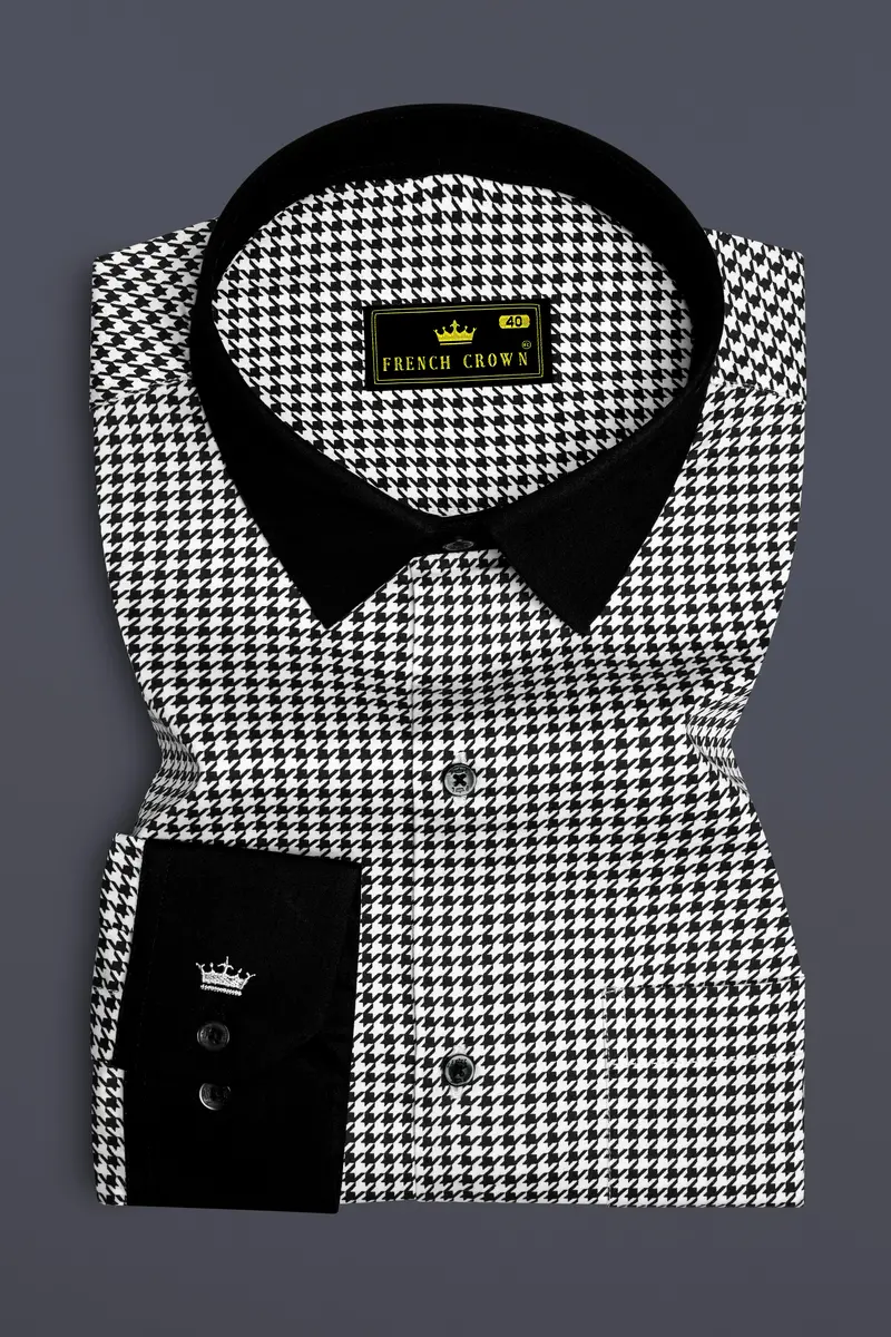 Regalis-Jade Black And Bright White Houndstooth Printed Super Soft Premium Cotton Dress Black Cuff Collar Shirt 2