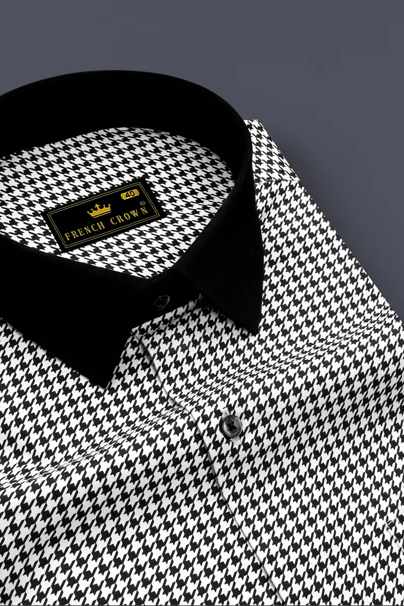 Regalis-Jade Black And Bright White Houndstooth Printed Super Soft Premium Cotton Dress Black Cuff Collar Shirt 4