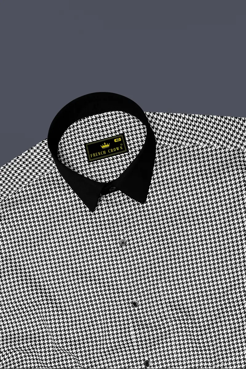 Regalis-Jade Black And Bright White Houndstooth Printed Super Soft Premium Cotton Dress Black Cuff Collar Shirt 5