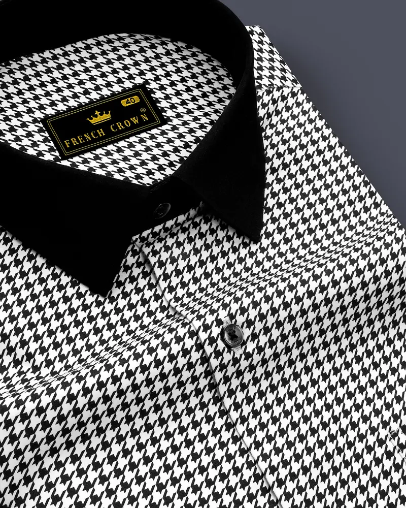 Regalis-Jade Black And Bright White Houndstooth Printed Super Soft Premium Cotton Dress Black Cuff Collar Shirt 6