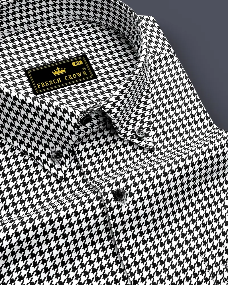 Regalis-Jade Black And Bright White Houndstooth Printed Super Soft Premium Cotton Dress Button Down Shirt 1