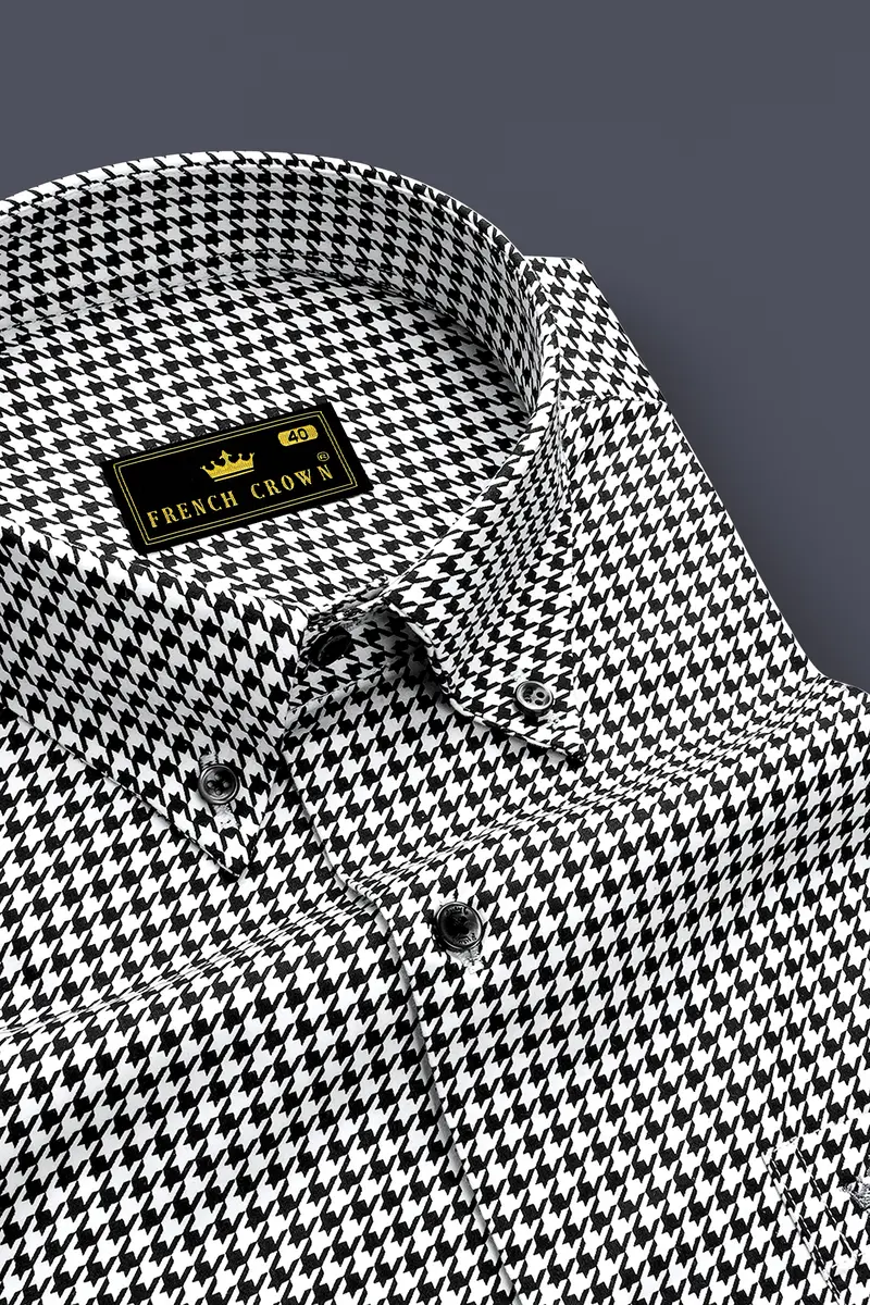 Regalis-Jade Black And Bright White Houndstooth Printed Super Soft Premium Cotton Dress Button Down Shirt 2