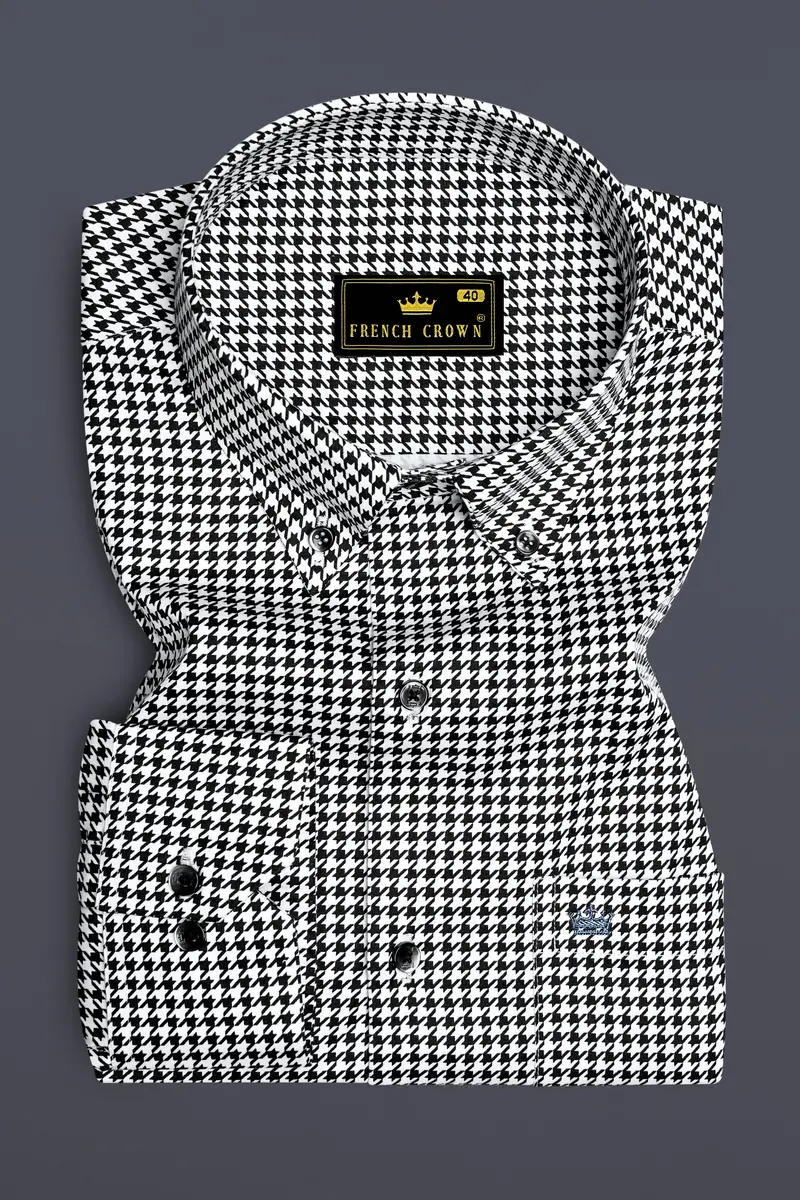 Regalis-Jade Black And Bright White Houndstooth Printed Super Soft Premium Cotton Dress Button Down Shirt 4