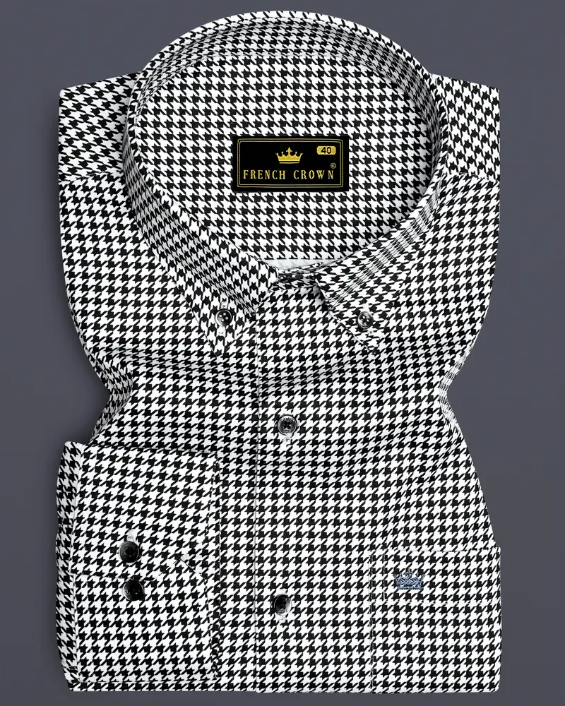 Regalis-Jade Black And Bright White Houndstooth Printed Super Soft Premium Cotton Dress Button Down Shirt 6