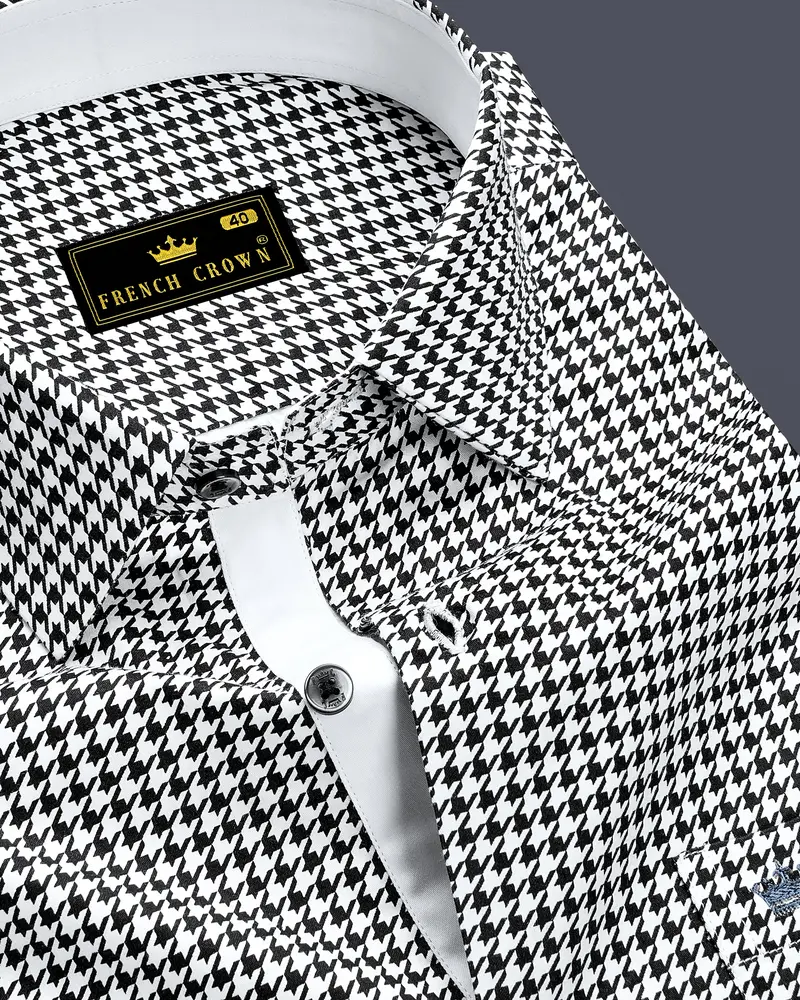 Regalis-Jade Black And Bright White Houndstooth Printed Super Soft Premium Cotton Dress Shirt 1