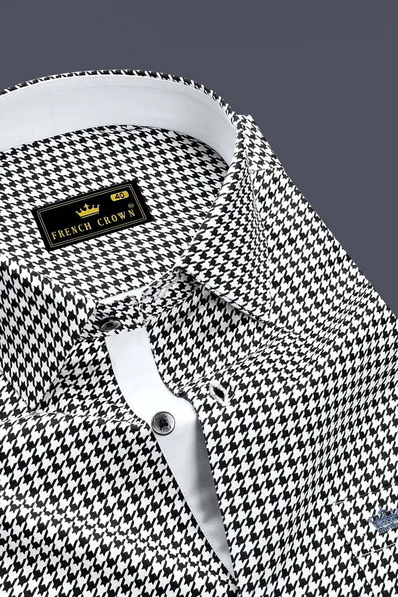 Regalis-Jade Black And Bright White Houndstooth Printed Super Soft Premium Cotton Dress Shirt 2
