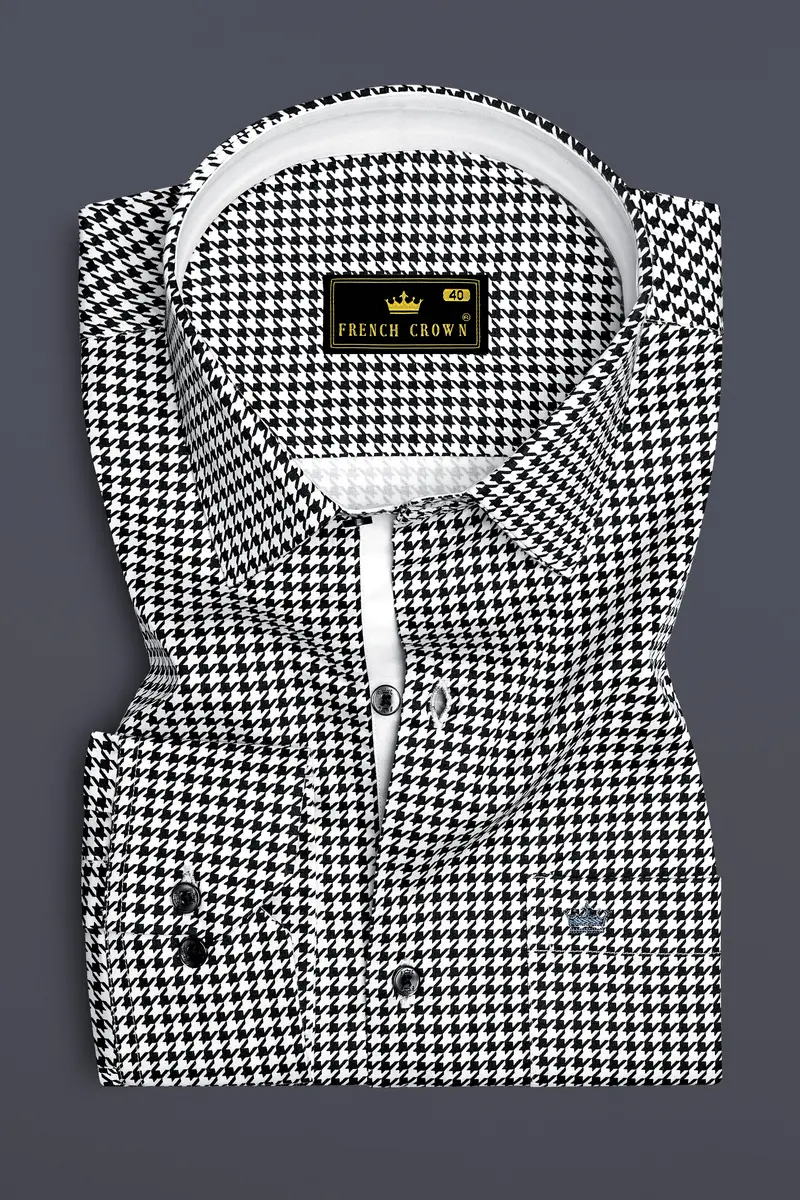 Regalis-Jade Black And Bright White Houndstooth Printed Super Soft Premium Cotton Dress Shirt 4