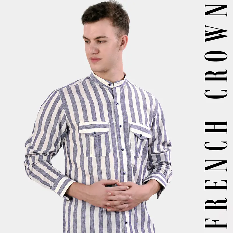 Revere Cream And Glaucouse Blue Striped Luxurious Linen Designer Shirt 1