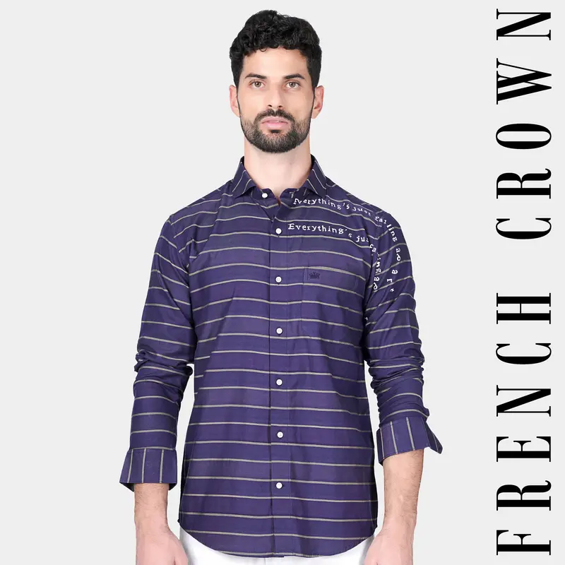 Rhino Blue And Pavlova Beige Striped Hand Painted Twill Premium Cotton Designer Shirt 1
