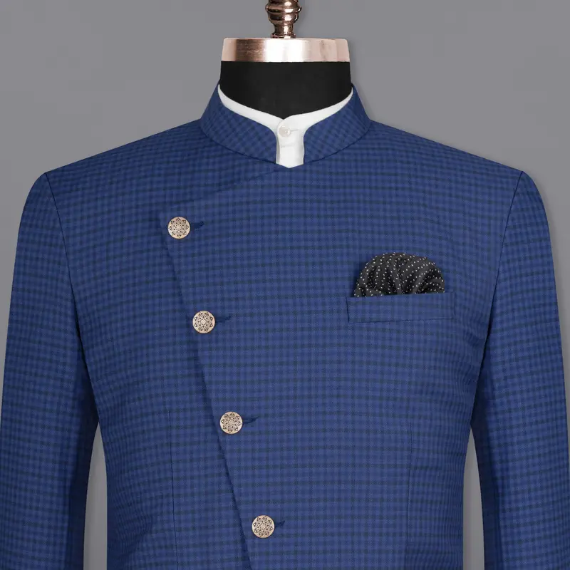 Rhino Blue Checkered Cross Placket Wool Rich Bandhgala Blazer 1