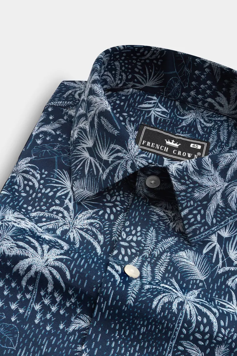 Rhino Blue Coconut Tree Printed Poplin Giza Cotton Shirt 1