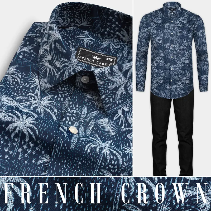 Rhino Blue Coconut Tree Printed Poplin Giza Cotton Shirt 10