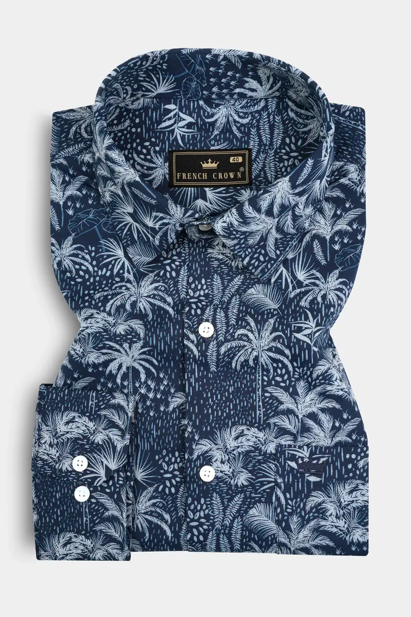 Rhino Blue Coconut Tree Printed Poplin Giza Cotton Shirt 3