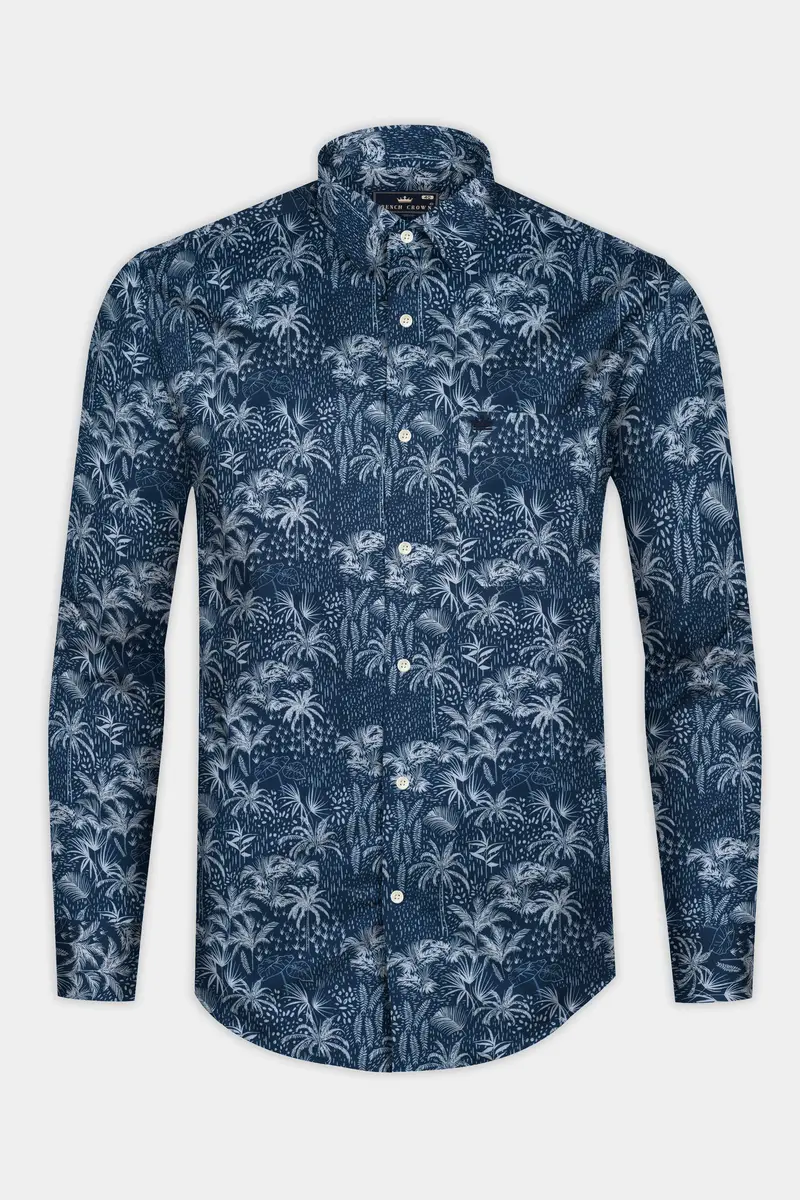 Rhino Blue Coconut Tree Printed Poplin Giza Cotton Shirt 4