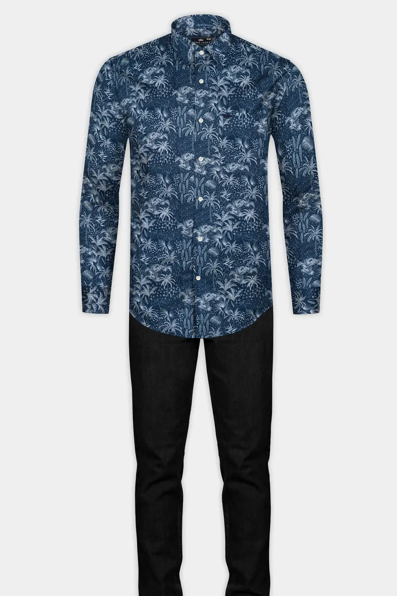 Rhino Blue Coconut Tree Printed Poplin Giza Cotton Shirt 6