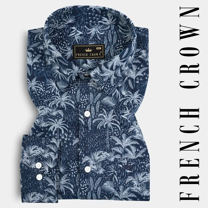 Rhino Blue Coconut Tree Printed Poplin Giza Cotton Shirt 7