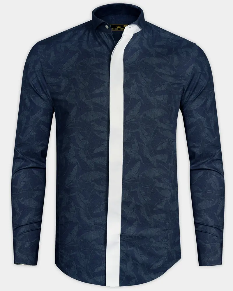 Rhino Blue Leaves Printed Premium Cotton Designer Shirt 1