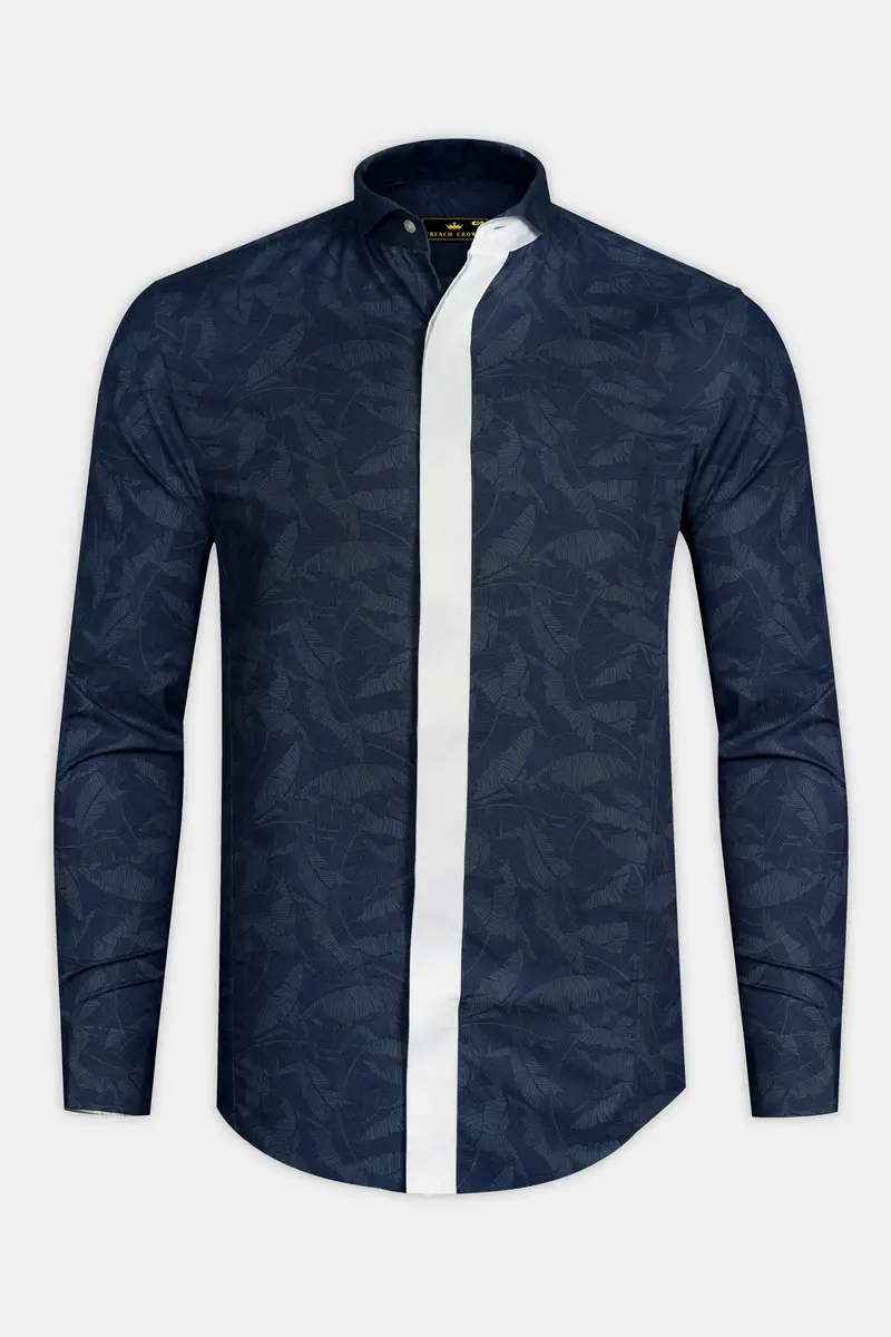 Rhino Blue Leaves Printed Premium Cotton Designer Shirt 2