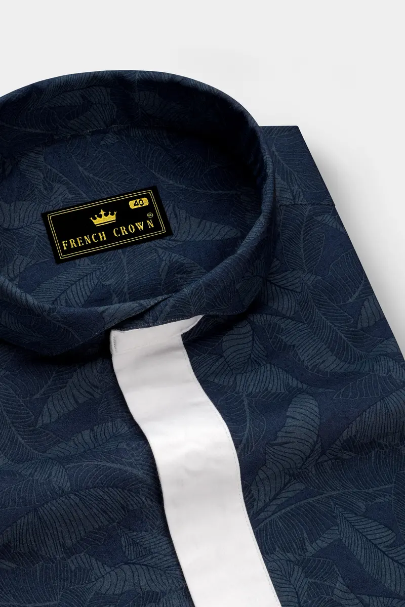 Rhino Blue Leaves Printed Premium Cotton Designer Shirt 4