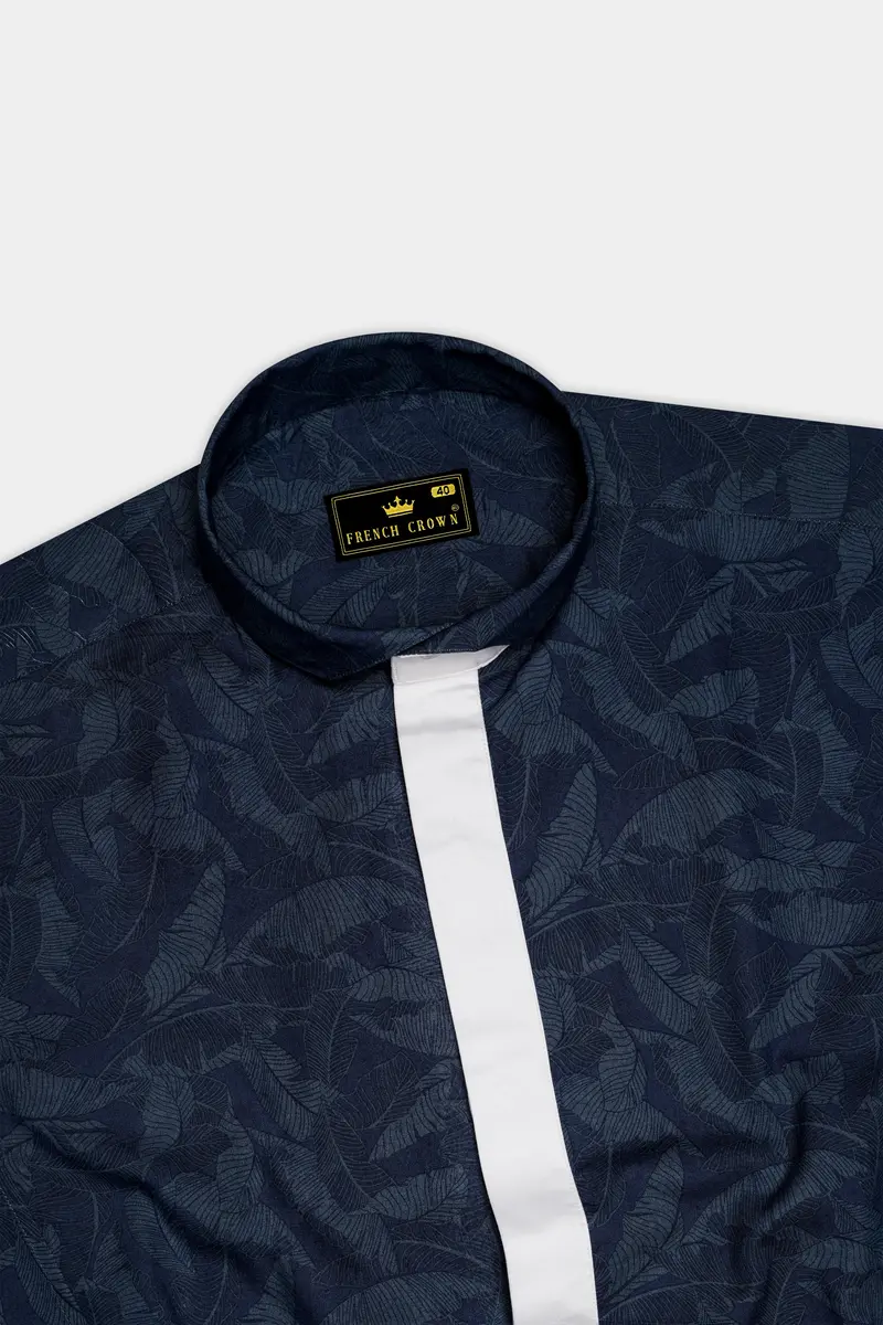 Rhino Blue Leaves Printed Premium Cotton Designer Shirt 6