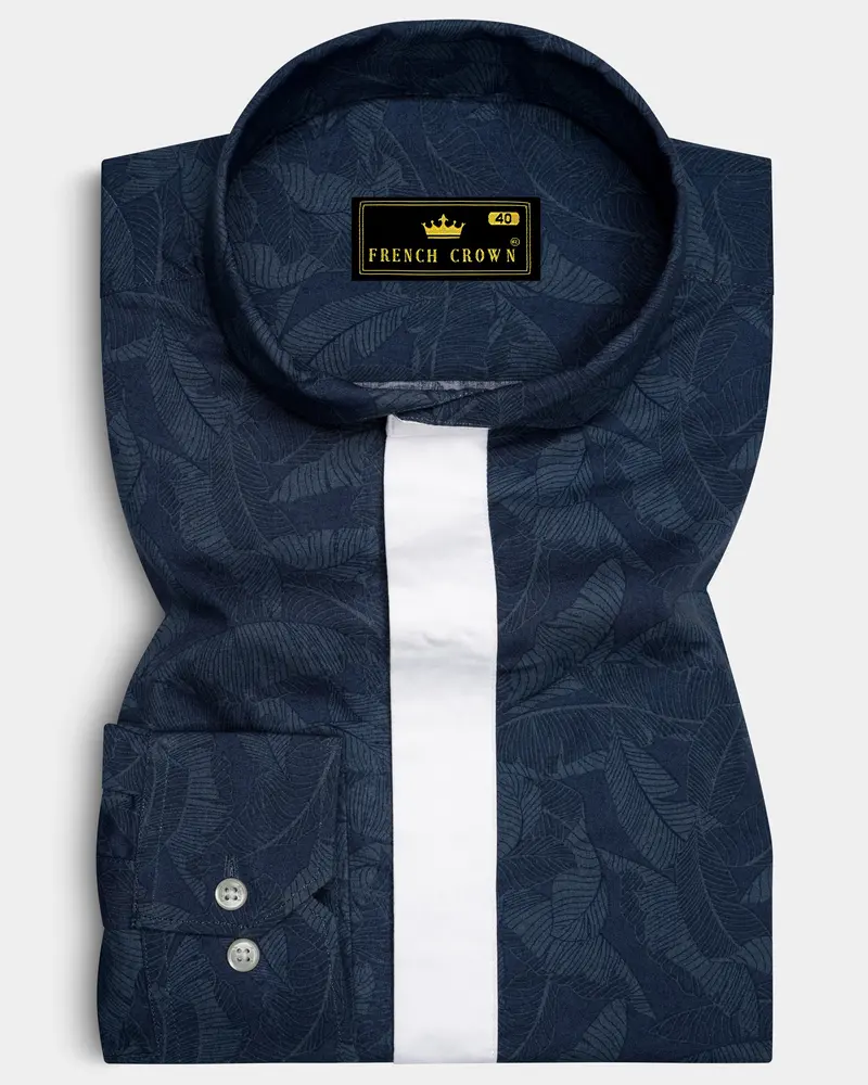 Rhino Blue Leaves Printed Premium Cotton Designer Shirt 8