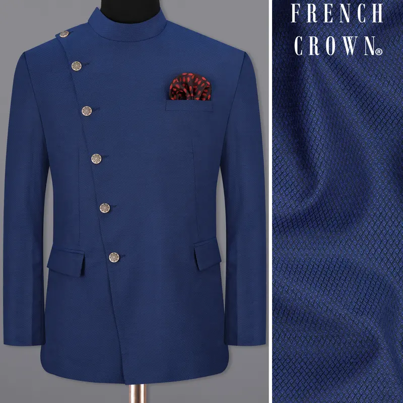 Rhino Blue Self Design Cross Placket Bandhgala Blazer 1