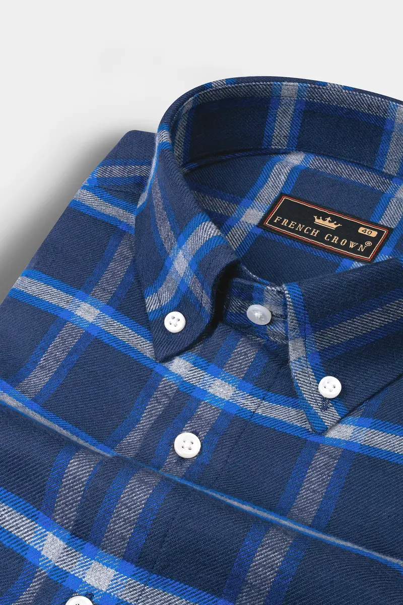 Rhino Blue Windowpane Plaid Flannel Cotton Shirt 1