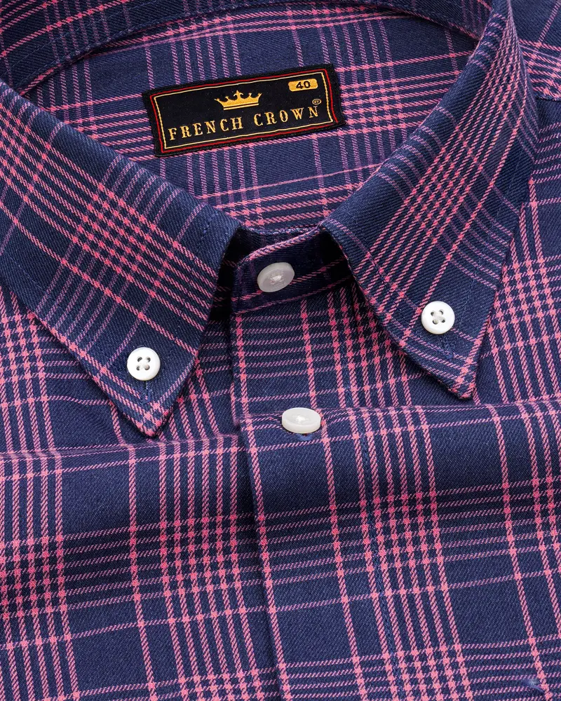 Rhino Blue With Froly Pink Twill Windowpane Premium Cotton Shirt 1