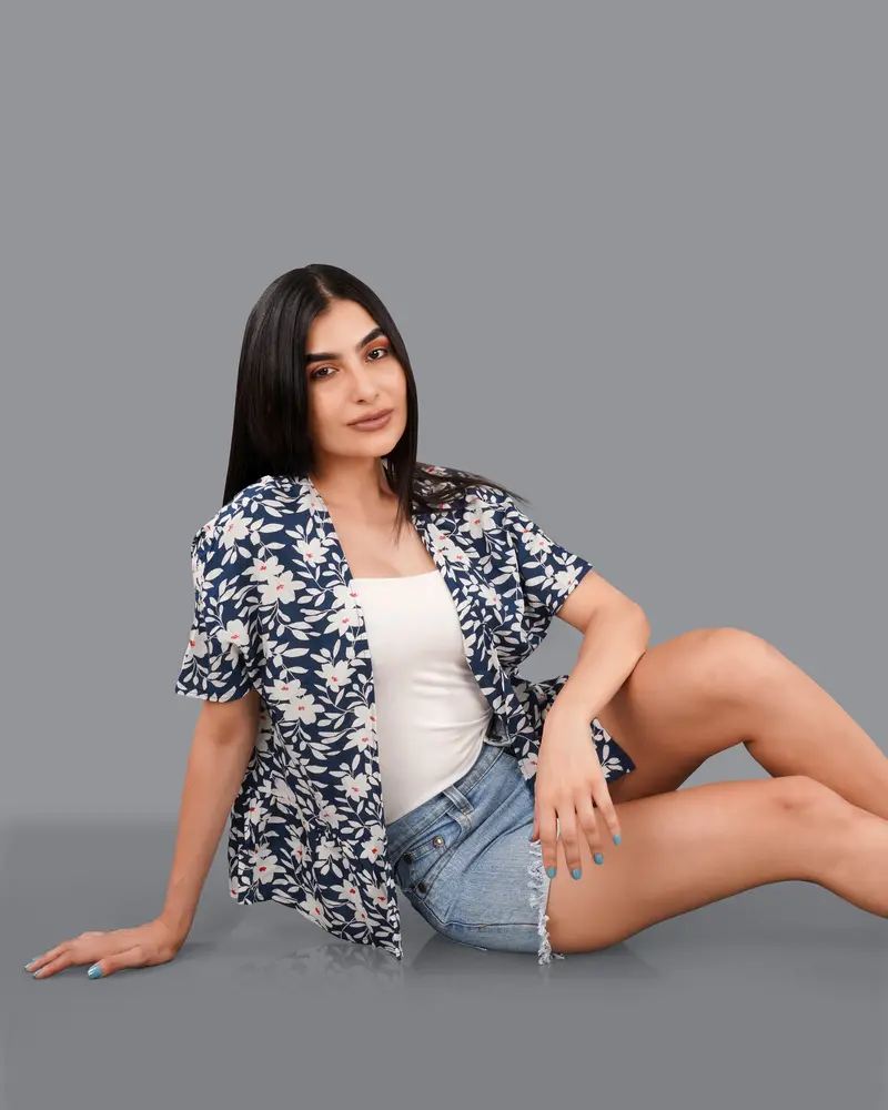 Rhino Blue With Merino Cream Floral Printed Shrug 2