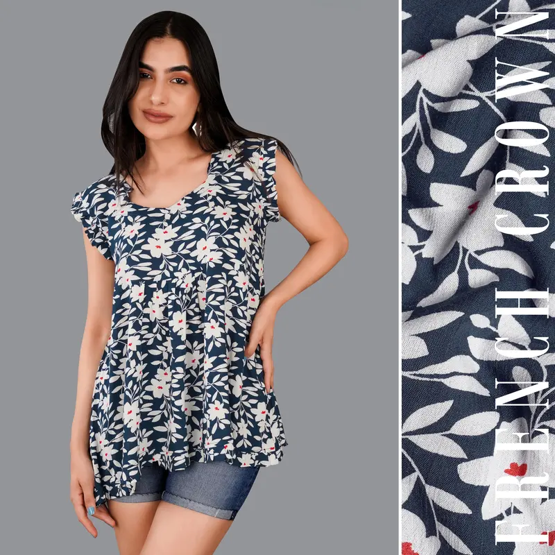 Rhino Blue With Merino Cream Floral Printed Top 1