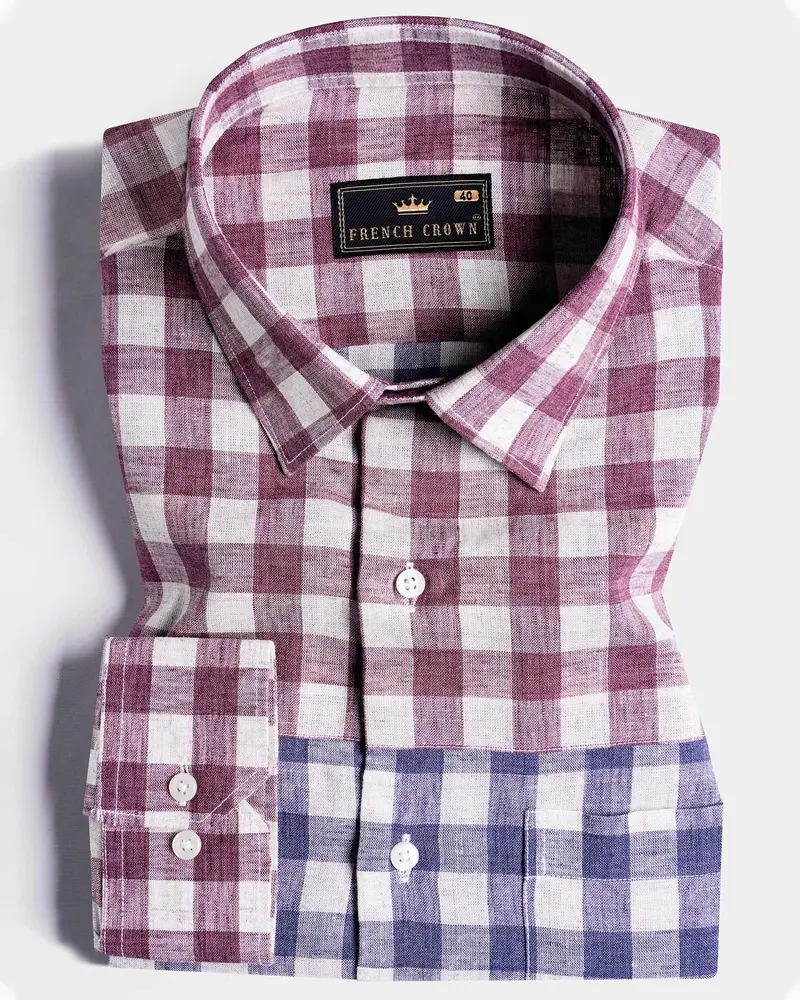 Rhino Blue With Muave Pink And White Plaid Luxurious Linen Designer Shirt 1
