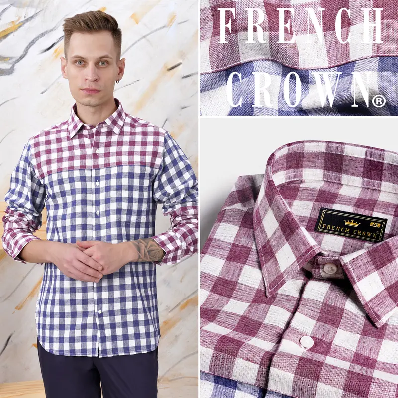 Rhino Blue With Muave Pink And White Plaid Luxurious Linen Designer Shirt 11