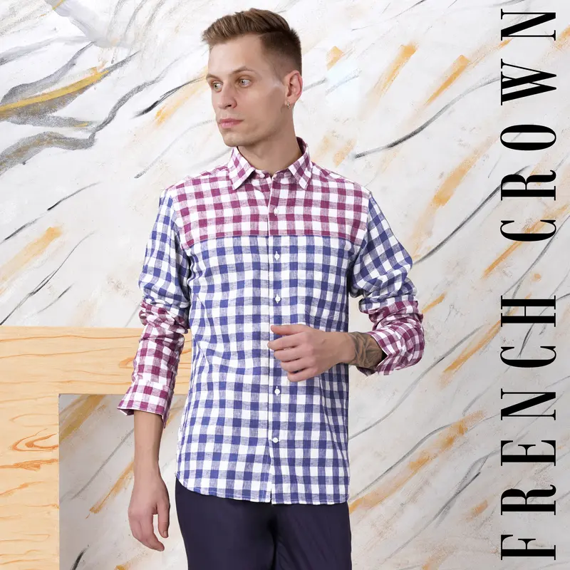 Rhino Blue With Muave Pink And White Plaid Luxurious Linen Designer Shirt 12