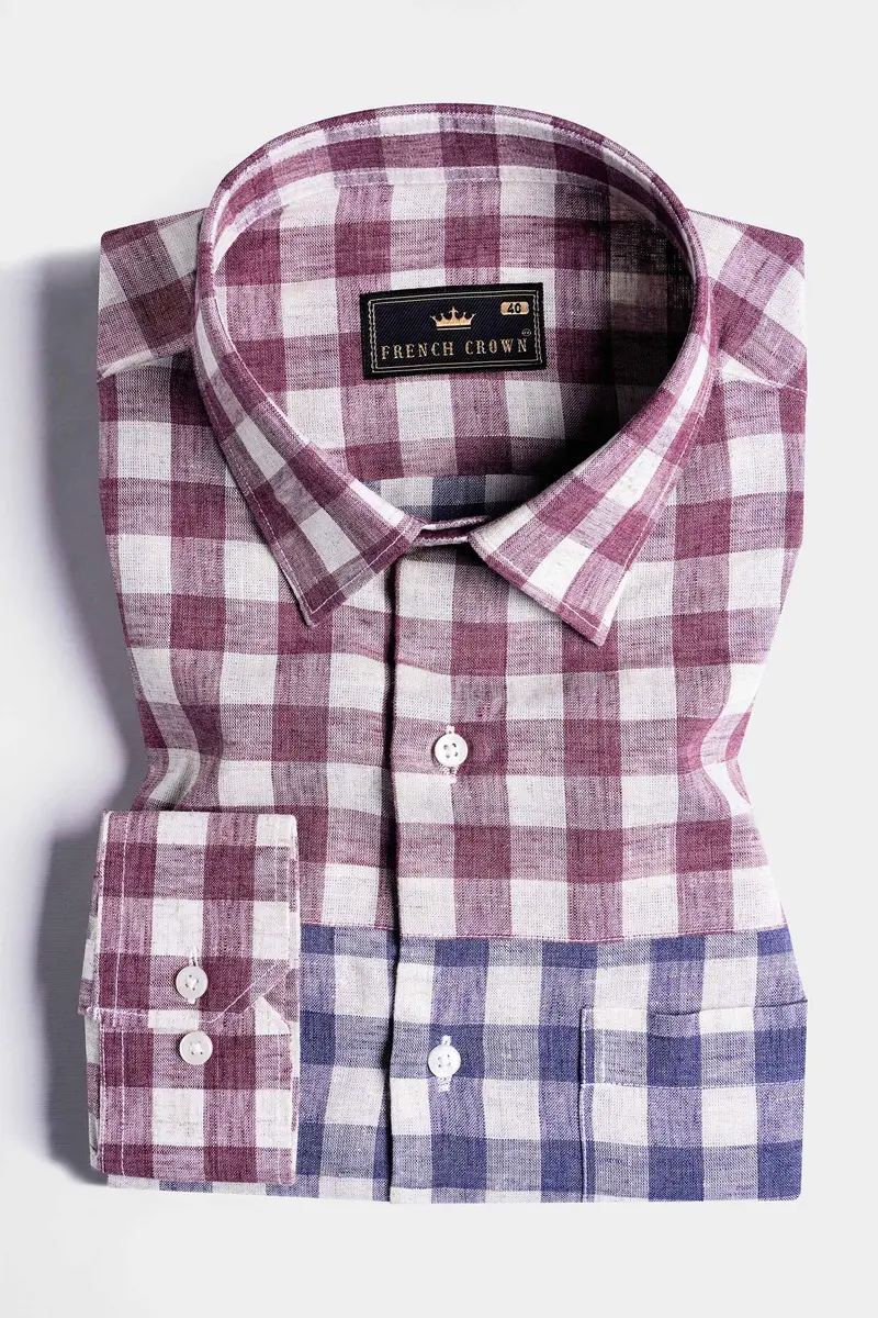 Rhino Blue With Muave Pink And White Plaid Luxurious Linen Designer Shirt 2