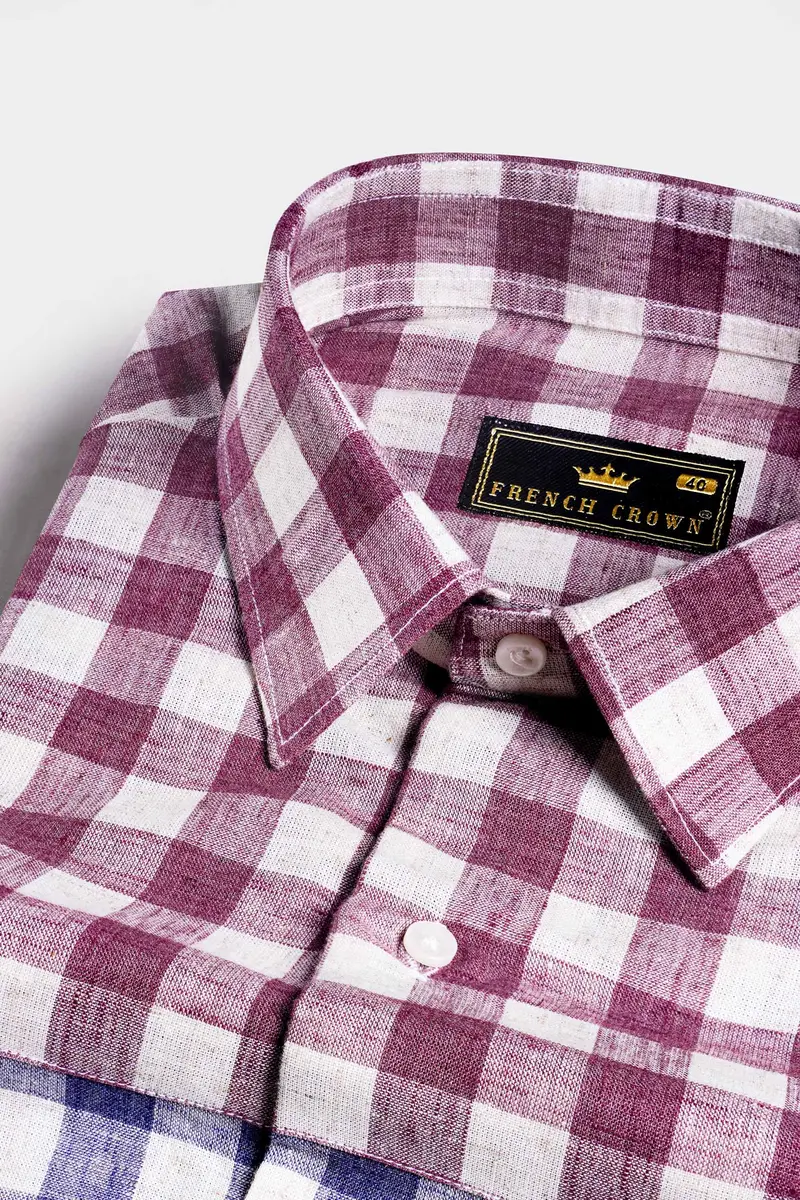 Rhino Blue With Muave Pink And White Plaid Luxurious Linen Designer Shirt 4