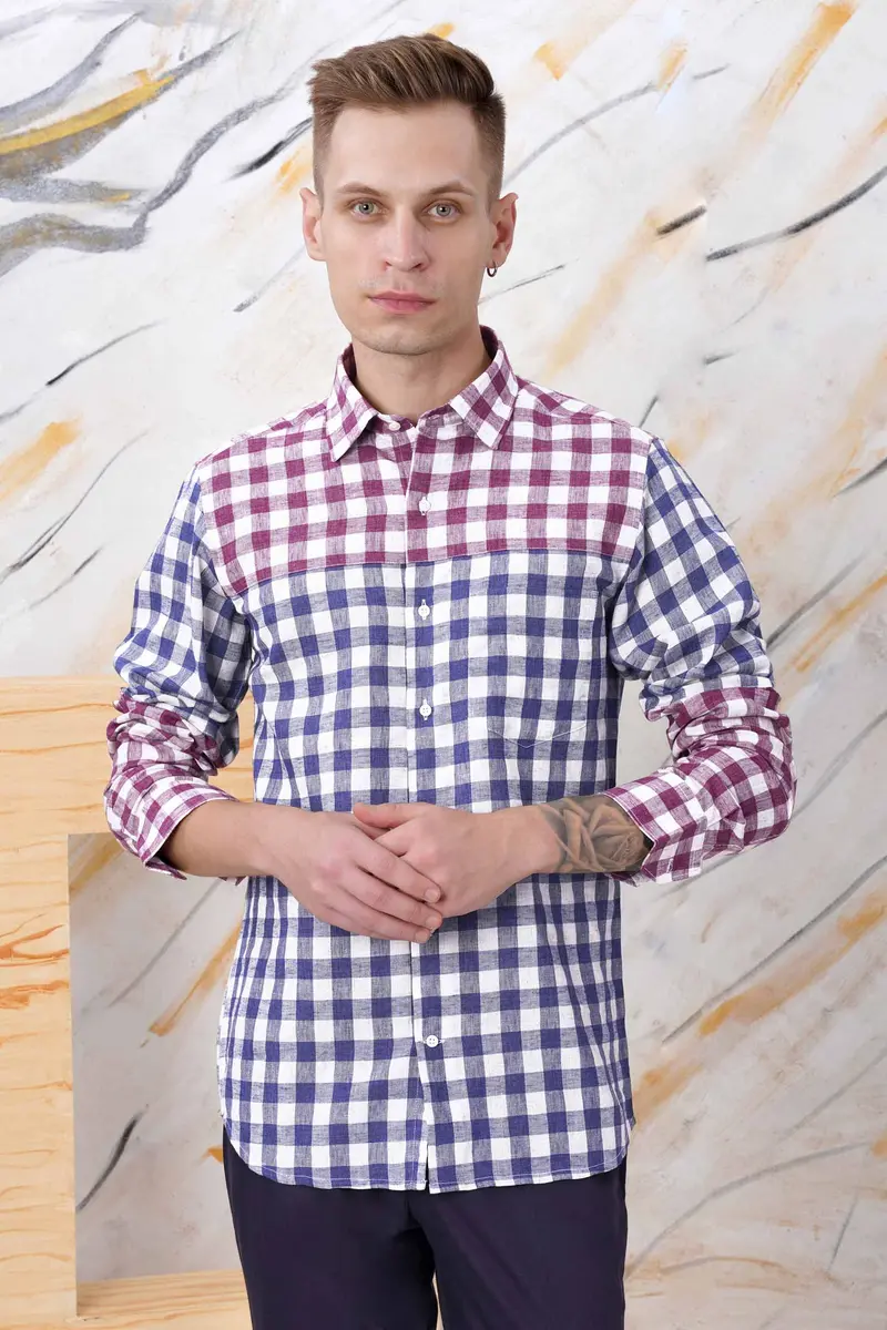Rhino Blue With Muave Pink And White Plaid Luxurious Linen Designer Shirt 5