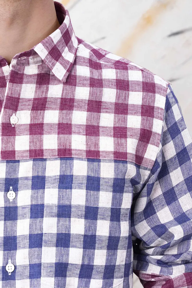Rhino Blue With Muave Pink And White Plaid Luxurious Linen Designer Shirt 6
