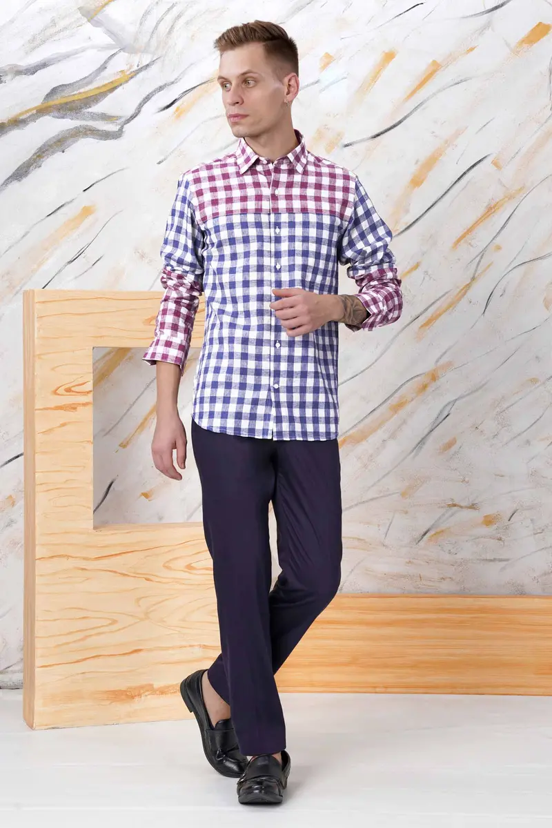 Rhino Blue With Muave Pink And White Plaid Luxurious Linen Designer Shirt 7