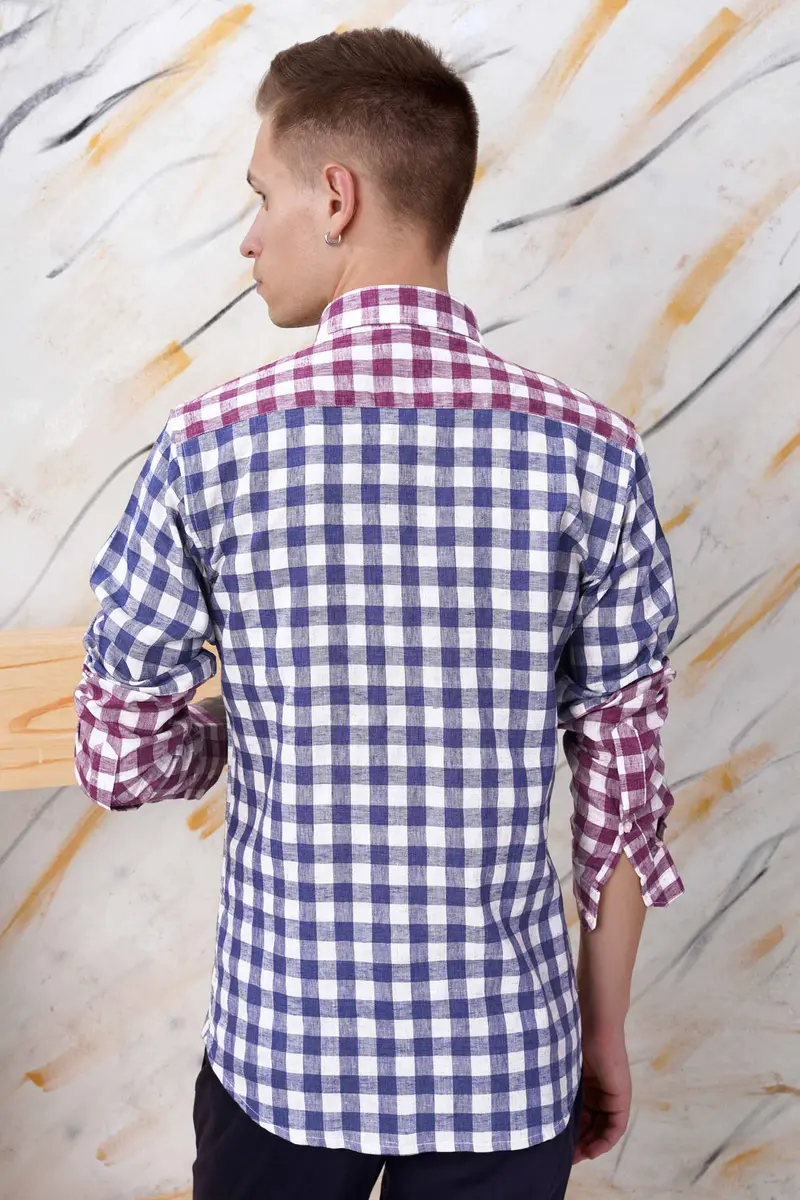 Rhino Blue With Muave Pink And White Plaid Luxurious Linen Designer Shirt 8