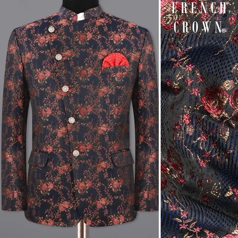 Rhino Blue With Rose Textured Cross Placket Bandhgala Designer Blazer 1