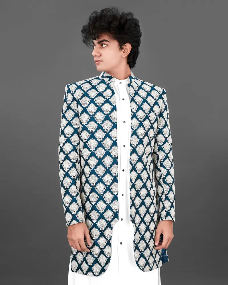 Rhino Blue With White And Sequence Embroidered Indo-Western With Kurta And Pants Set 1