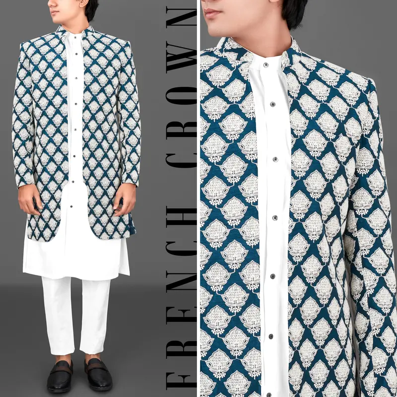 Rhino Blue With White And Sequence Embroidered Indo-Western With Kurta And Pants Set 1