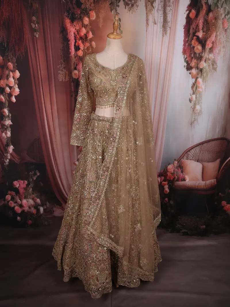 Rich Antique Gold Floral Sequins And Beads Embroidered Design Net Lehenga With Dupatta 1