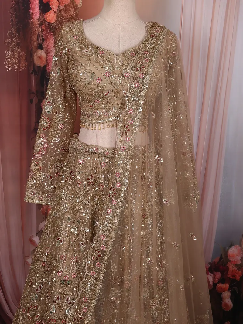 Rich Antique Gold Floral Sequins And Beads Embroidered Design Net Lehenga With Dupatta 2