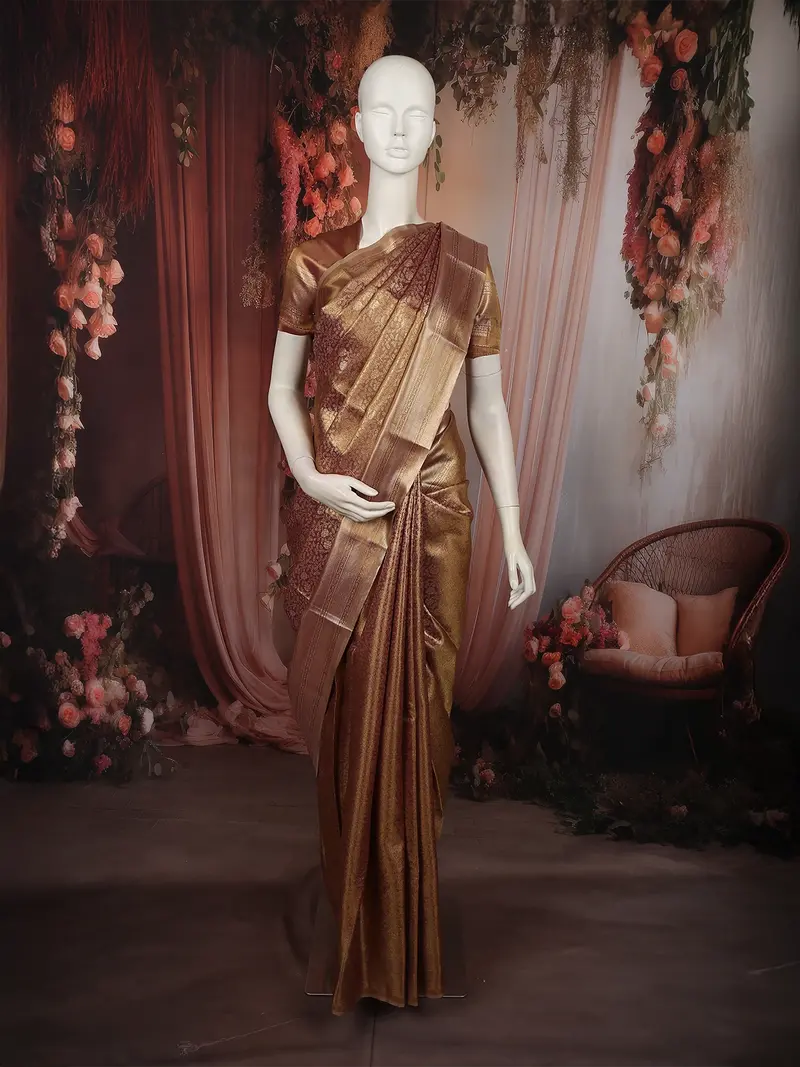Rich Antique Gold Floral Zari Woven Design Tissue Silk Saree With Zari Border 1