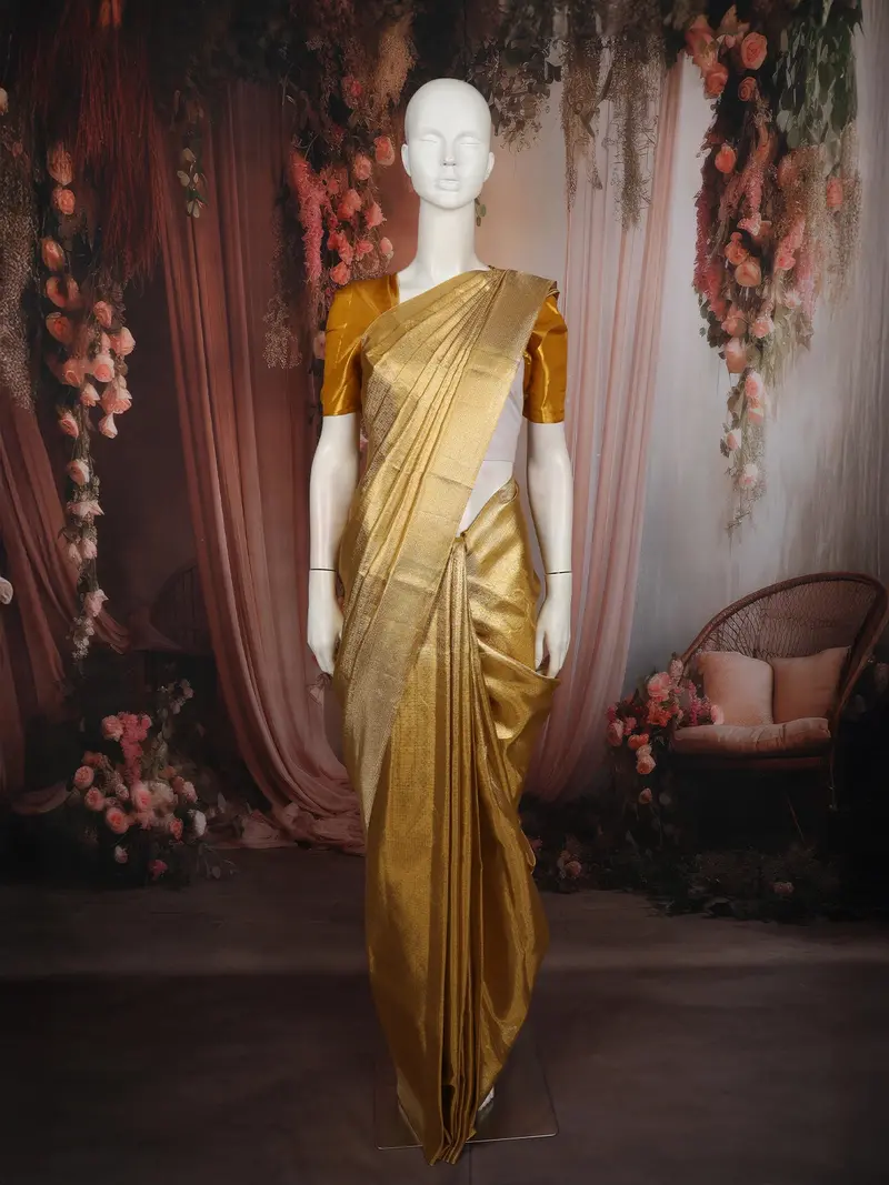 Rich Antique Gold Zari Woven Design Pure Kanchipuram Silk Saree With Textured Border 1