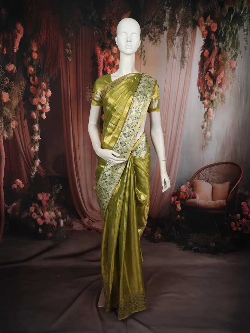 Rich Antique Olive Green  Floral Butta Zari Woven Design Tissue Organza Fancy Saree With Stone Work Border 1
