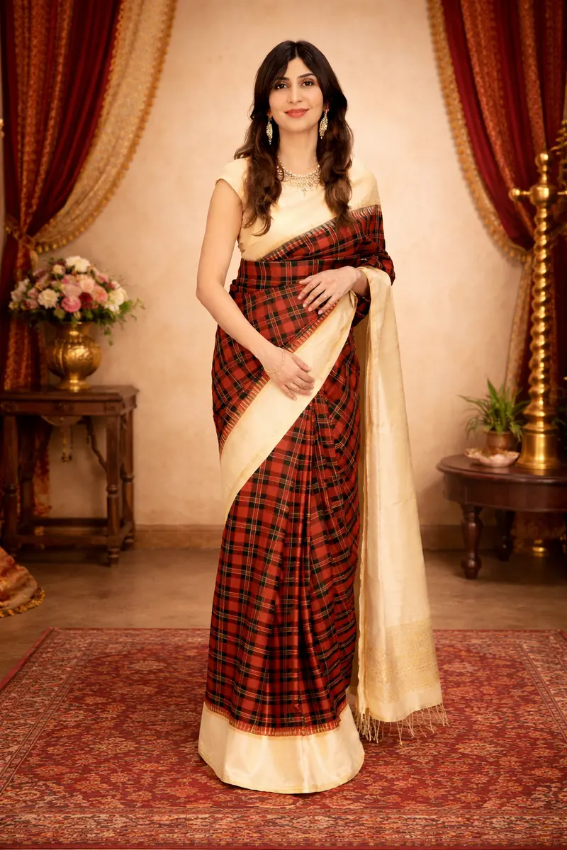 Rich Brick Red And Deep Black Checked Woven Design Pure Kanchipuram Silk Saree With Contrast Temple Zari Border 1