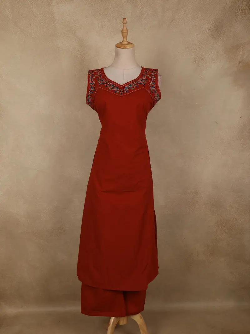 Rich Brick Red Floral And Birds Embroidered Design Cotton Palazzo Suit 1